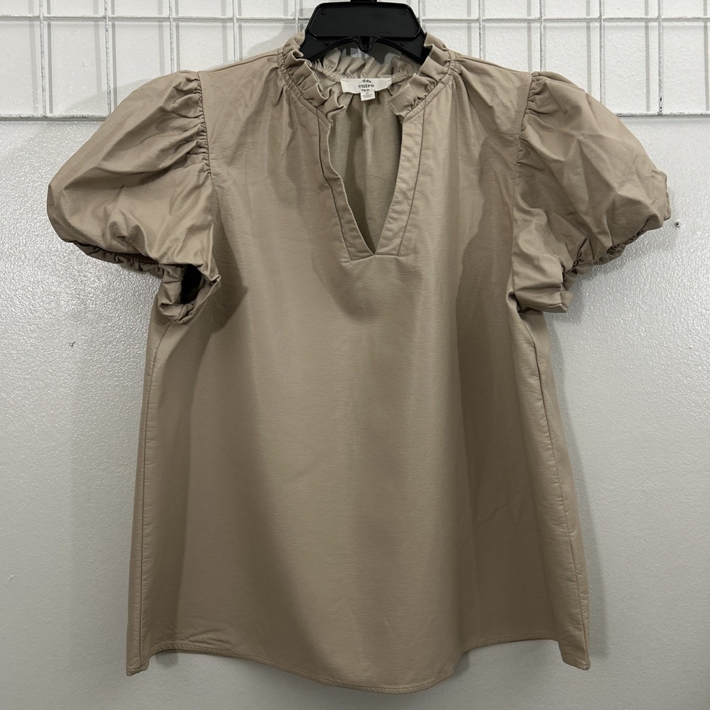 ENTRO Women M Faux Leather Taupe Tan Beige Top Puff Sleeve V Neck 6259